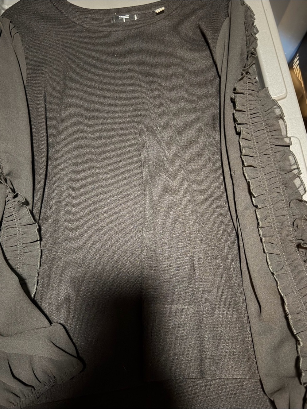 Tahari Black sweater w/ sheer Ruffle-Sleeve Blouse